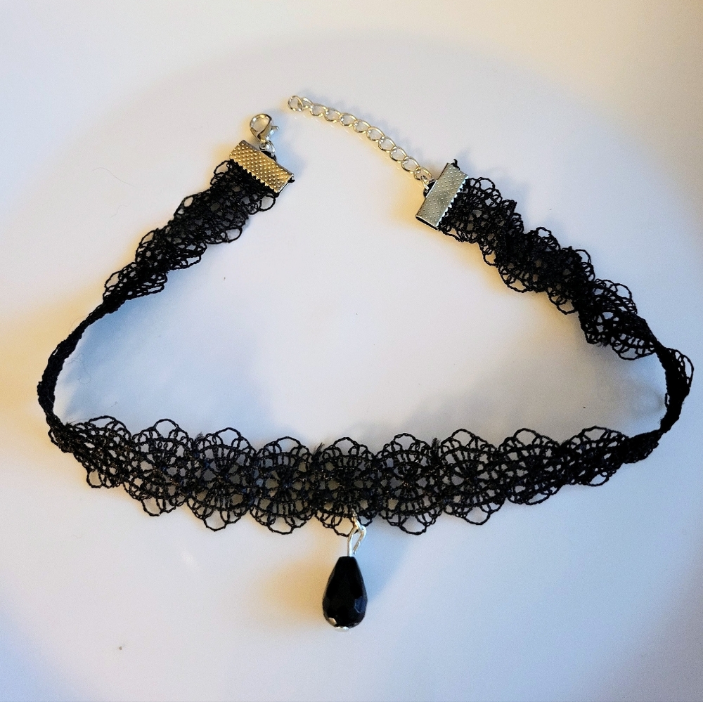 Black Lace Choker Necklace with Faceted Onyx-Style Drop